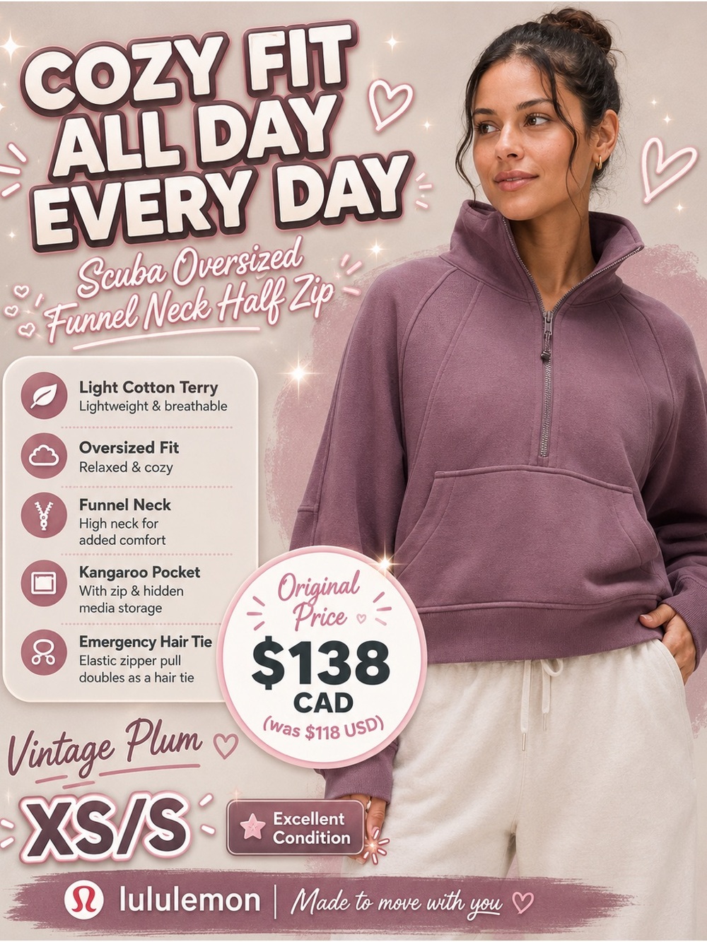 XS/S lululemon athletica Vintage Plum Scuba Oversized Funnel Neck Half-Zip